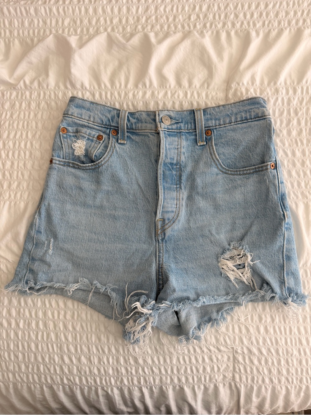 Levi's Light Blue Distressed High-Rise Ribcage Denim Shorts